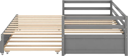 Wooden Extendable Daybed, Twin to King Daybed Frame with Trundle, Extending Sofa Bed for Living Room Bedroom Guest Room, Gray - LeafyLoom