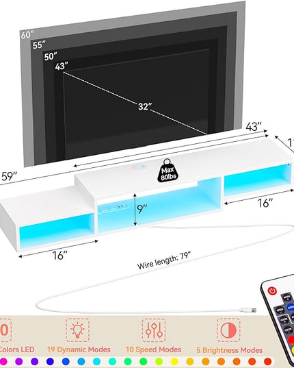 FABATO 59'' Floating TV Stand with LED Light Power Outlet, Floating Shelf for Under TV Wall Mount with Storage Shelf, Media Console Entertainment Center for Living Room, White - LeafyLoom