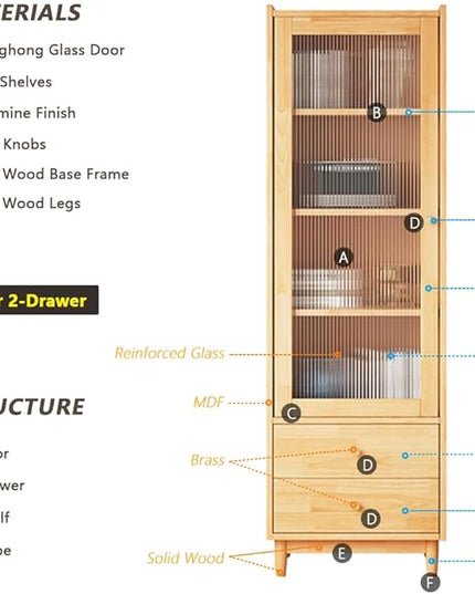 Wooden Glass Door Bookcase - 4-Tier Cube Bookshelf Storage Cabinet with Double Drawer and Adjustable Shelf, Solid Wood Legs Cupboard in Pear Yellow - LeafyLoom