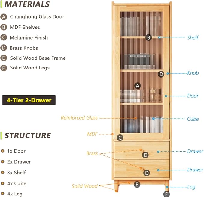 Wooden Glass Door Bookcase - 4-Tier Cube Bookshelf Storage Cabinet with Double Drawer and Adjustable Shelf, Solid Wood Legs Cupboard in Pear Yellow - LeafyLoom