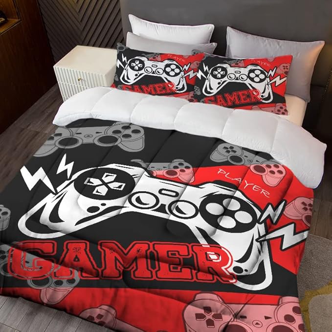 Sunnycitron Gamer Bedding Set for Boys Gamer Comforter sets Queen Gaming Bedding Kid's Comforter Set Boys Teen Gamepad Gaming Comforter,1 Comforter 2 Pillowcases - LeafyLoom
