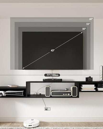 Floating TV Stand Wall Mounted with Power Outlet 70", Floating Entertainment Center, Wood Media Console Shelf for Under TV Storage for Living Room Bedroom Office, Black - LeafyLoom