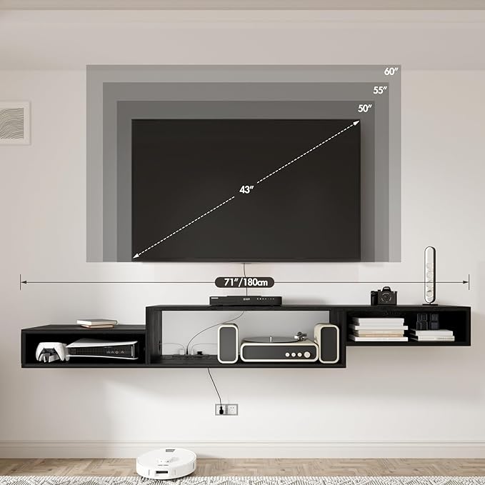 Floating TV Stand Wall Mounted with Power Outlet 70", Floating Entertainment Center, Wood Media Console Shelf for Under TV Storage for Living Room Bedroom Office, Black - LeafyLoom