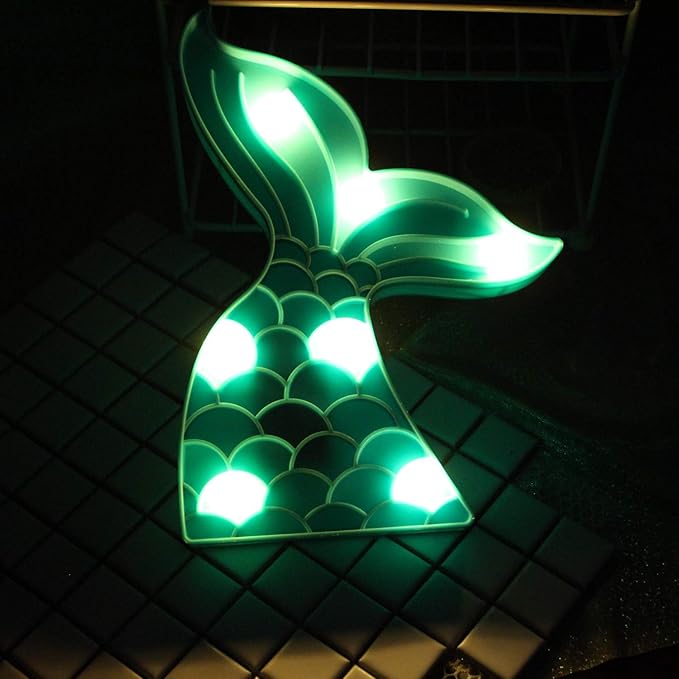 Cute Mermaid Tail Night Light, Mermaid Party Supplies, Mermaid Birthday Party Decorations, Mermaid Lamp, Battery Operated Led Light, Mermaid Bedroom Decor for Girls（Green） - LeafyLoom