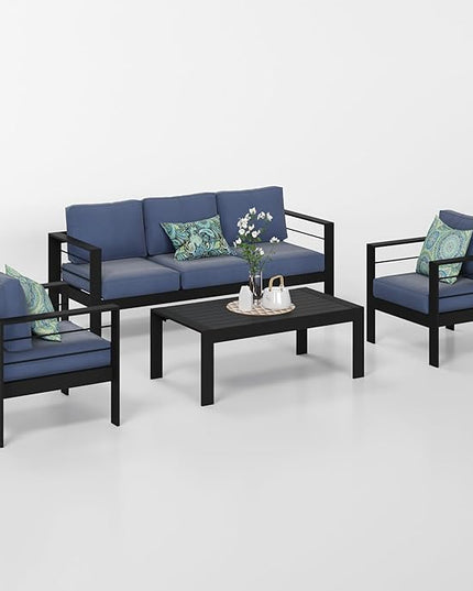 Solaste Aluminum Patio Furniture Set, 4 Pcs Modern Outdoor Conversation Set Sectional Sofa with Upgrade Cushion and Coffee Table,Black Frame and Blue Cushion - LeafyLoom