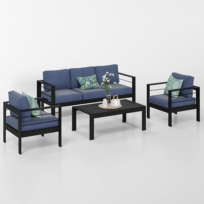 Solaste Aluminum Patio Furniture Set, 4 Pcs Modern Outdoor Conversation Set Sectional Sofa with Upgrade Cushion and Coffee Table,Black Frame and Blue Cushion - LeafyLoom