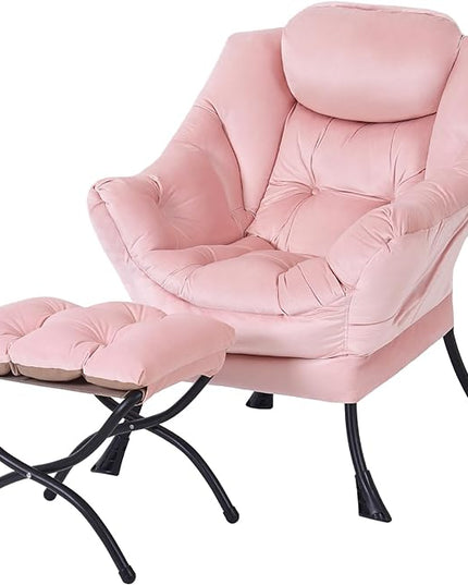 Lazy Chair with Ottoman, Modern Accent Chair Contemporary Lounge Leisure Upholstered Sofa Chair Set with Armrests, Reading Chair for Living Room, Bedroom, Office, Light Pink - LeafyLoom