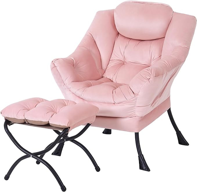 Lazy Chair with Ottoman, Modern Accent Chair Contemporary Lounge Leisure Upholstered Sofa Chair Set with Armrests, Reading Chair for Living Room, Bedroom, Office, Light Pink - LeafyLoom