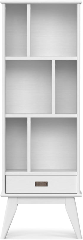 SIMPLIHOME Draper SOLID HARDWOOD 64 inch x 22 inch Mid Century Modern Bookcase and Storage Unit in White for The Living Room, Study Room and Office - LeafyLoom