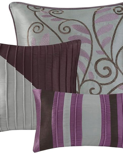 Madison Park Amherst Faux Silk Comforter Set-Casual Contemporary Design All Season Down Alternative Bedding, Matching Shams, Bedskirt, Decorative Pillows, Queen (90 in x 90 in), Purple, 7 Piece - LeafyLoom