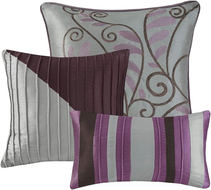 Madison Park Amherst Faux Silk Comforter Set-Casual Contemporary Design All Season Down Alternative Bedding, Matching Shams, Bedskirt, Decorative Pillows, Queen (90 in x 90 in), Purple, 7 Piece - LeafyLoom