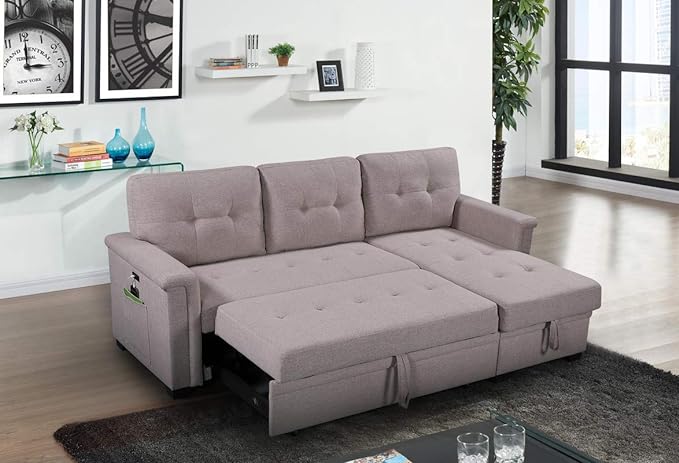 LOVMOR 84'' L-Shape Convertible Sleeper Sectional Sofa with Storage Chaise and Pull-Out Bed, Linen Upholstered Reversible Corner Couch w/USB Charger Ports and Pocket, Light Gray, 84 Inch - LeafyLoom