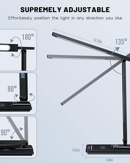 Led Desk Lamp with Wireless Charger, Desk Lamps for Home Office with Clock, Alarm, Date, Temperature | Desk Light with Night Light, 45 Min Auto Timer | Touch Control Smart Lamp for College, Dorm - LeafyLoom