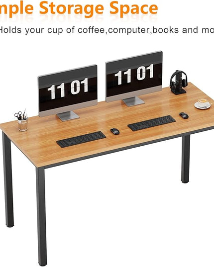 Need 55 Inch Large Computer Desk - Modern Simple Style Home Office Gaming Desk, Basic Writing Table for Study Student, Black Metal Frame, Teak - LeafyLoom