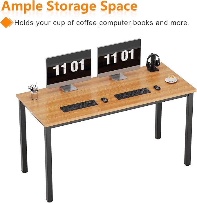 Need 55 Inch Large Computer Desk - Modern Simple Style Home Office Gaming Desk, Basic Writing Table for Study Student, Black Metal Frame, Teak - LeafyLoom