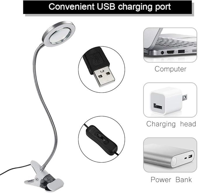 ATOMUS 2.5X Magnifying Lamp, LED USB Rechargeable Tattoo Beauty Magnifier Lamp with Metal Clip for Eyebrow Tattoo Manicure Eyelash Extension Read - LeafyLoom