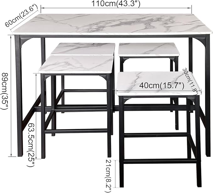 AT-VALY 5-Piece Bar Table Set with 4 Stools,Dining Room Table Set,Small Spaces (Black & White) - LeafyLoom