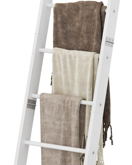Blanket Ladder Shelf for Living Room, Decorative Wood Quilt Rack with 4 Removable Hooks, 6-Tier Farmhouse Ladder Holder Organizer for Bedroom, White BR31513W - LeafyLoom