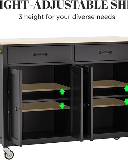 Rolling Kitchen Island with Storage Portable Kitchen Island On Wheels Black Large 54in Width Island with Storage Drawers Cabinet Spice Rack Towel Rack for Kitchen Dining Room - LeafyLoom