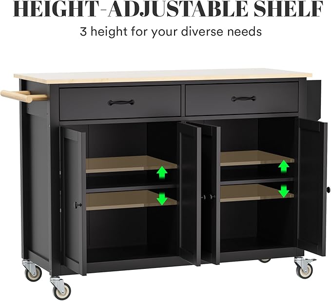 Rolling Kitchen Island with Storage Portable Kitchen Island On Wheels Black Large 54in Width Island with Storage Drawers Cabinet Spice Rack Towel Rack for Kitchen Dining Room - LeafyLoom