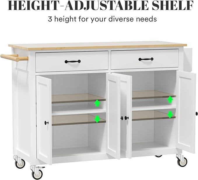Kitchen Island On Wheels White Rolling Kitchen Island with Storage Portable Island for Kitchen Dining Room Mobile Kitchen Island with Drawers Cabinet Spice Rack Towel Rack - LeafyLoom