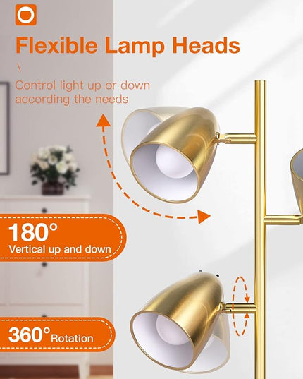 addlon Tree Floor Lamp with 3 Adjustable Rotating Lights and Matching LED Bulbs, Standing Tall Pole Lamps for Living Room, Bedroom, Home, Office - Brass Gold - LeafyLoom