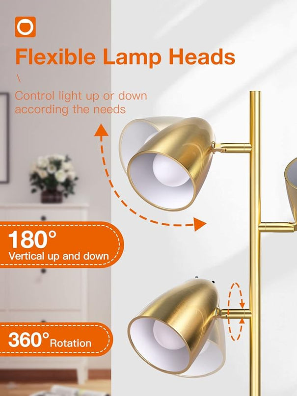 addlon Tree Floor Lamp with 3 Adjustable Rotating Lights and Matching LED Bulbs, Standing Tall Pole Lamps for Living Room, Bedroom, Home, Office - Brass Gold - LeafyLoom