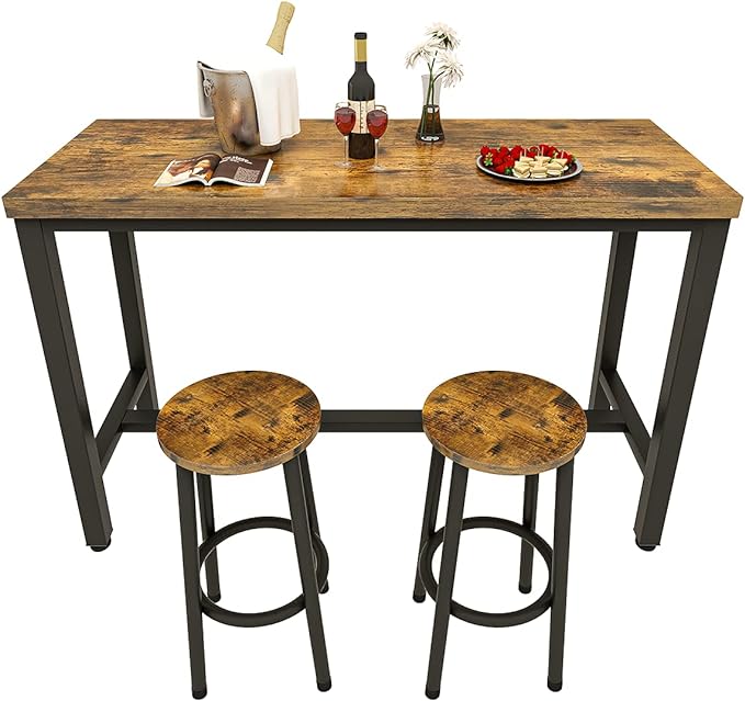 Recaceik 3 Piece Pub Dining Set, Modern bar Table and Stools for 2 Kitchen Counter Height Wood Top Bistro Easy Assemble for Breakfast Nook Living Room Small Space Restaurant, Rustic Brown 47" - LeafyLoom