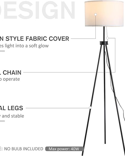 HOMCOM 59.75" Tripod Floor Lamp with Pull Chain Standing, Fabric Lampshade E26 Lamp Holder Steel for Living Room, Bedroom, Office, Black - LeafyLoom