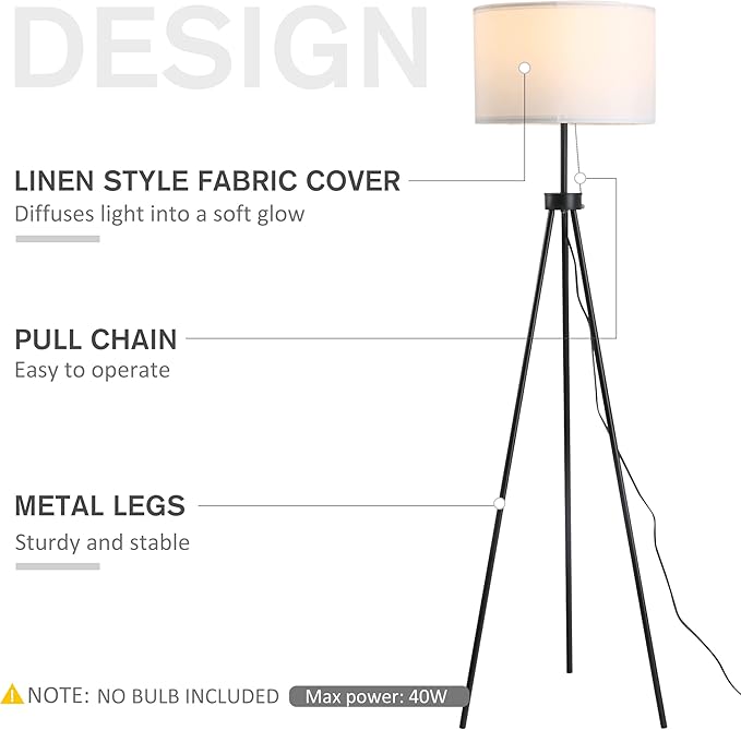 HOMCOM 59.75" Tripod Floor Lamp with Pull Chain Standing, Fabric Lampshade E26 Lamp Holder Steel for Living Room, Bedroom, Office, Black - LeafyLoom