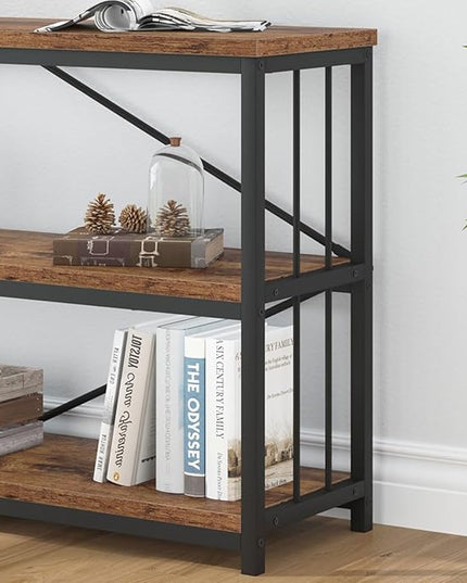 IBF Low Rustic 3 Tier Bookshelf, Industrial Horizontal Wood Bookcase, Farmhouse Long Wide Open Metal Etagere, Modern Large Vintage Book Shelf for Home Office Bedroom Living Room, Rustic Brown, 63 Inch - LeafyLoom
