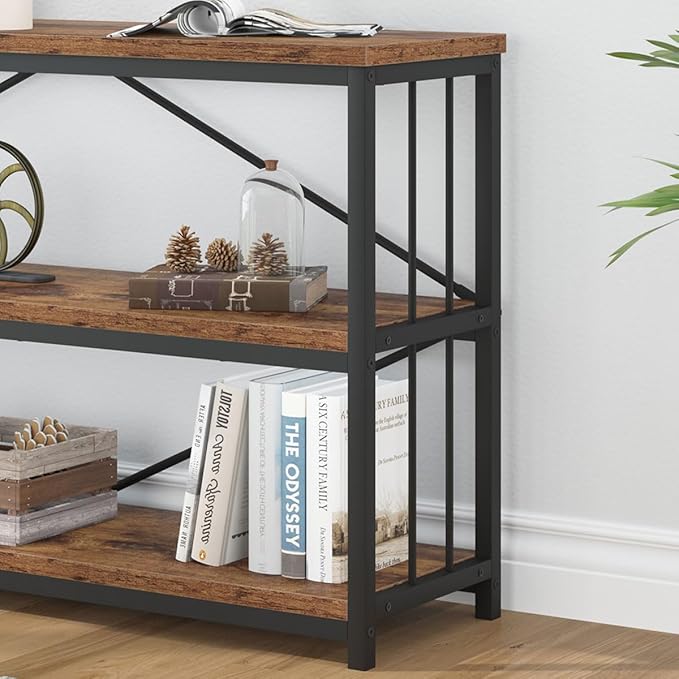 IBF Low Rustic 3 Tier Bookshelf, Industrial Horizontal Wood Bookcase, Farmhouse Long Wide Open Metal Etagere, Modern Large Vintage Book Shelf for Home Office Bedroom Living Room, Rustic Brown, 63 Inch - LeafyLoom