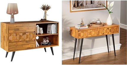 Bme 45 Inch Solid Wood TV Stand and Geometric Pattern 2 Drawer Console Table Bundle for Living Room and Entryway, Teak Brown - LeafyLoom