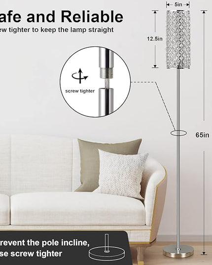 Crystal Floor Lamp with Bulb for Girls Bedroom Silver, Living Room, Modern Tall Glam Minimalism Pole Corner Standing Light for office, Dorm Hotel - LeafyLoom