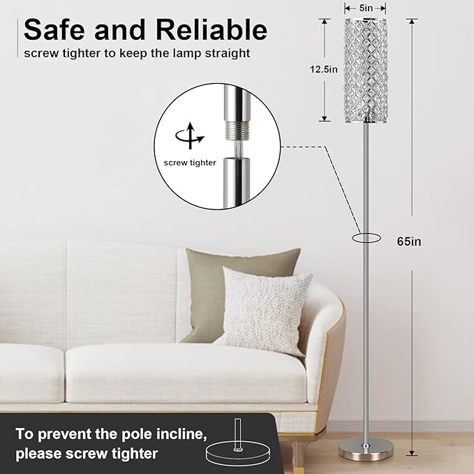 Crystal Floor Lamp with Bulb for Girls Bedroom Silver, Living Room, Modern Tall Glam Minimalism Pole Corner Standing Light for office, Dorm Hotel - LeafyLoom