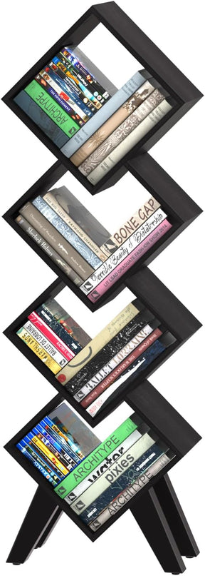 Yoobure Black Bookshelf - Small Book Shelf, 4-Tier Tall Bookcases Book Organizer, Industrial Bookshelves Floor Standing for CDs/Books in Small Spaces, Bedroom, Living Room, Home Office - LeafyLoom