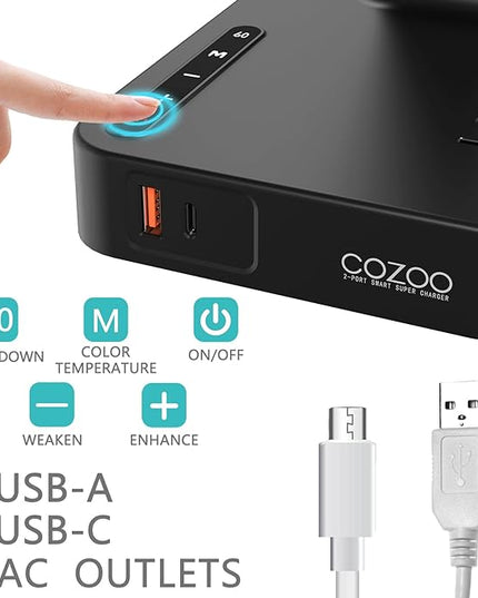 cozoo Desk Lamps for Home Office,Modern LED Desk Lamp for Dorm with 2 USB Charging Ports/Type C Port,2 AC Outlets,3 Lighting Mode,3 Level Brightness,Touch Control/Timer/Eye-Caring Foldable Table Lamp - LeafyLoom