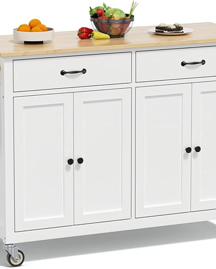 Large Kitchen Island On Wheels with Storage 54in Width Mobile Moveable Portable Rolling White Wood Island for Kitchen Dining Room with Drawers Cabinet Spice Rack Towel Rack - LeafyLoom