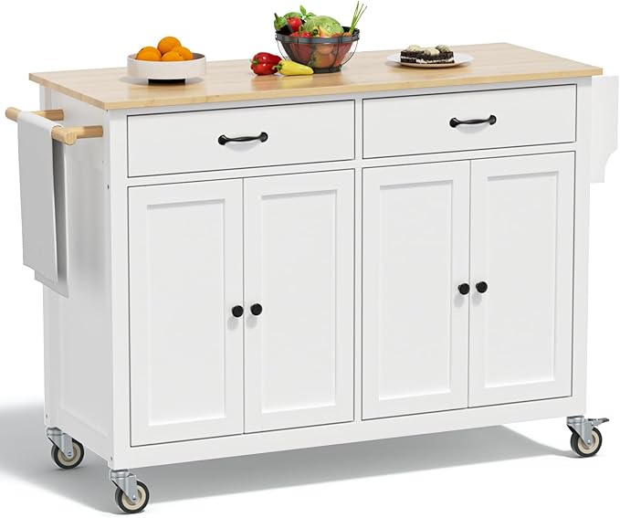Large Kitchen Island On Wheels with Storage 54in Width Mobile Moveable Portable Rolling White Wood Island for Kitchen Dining Room with Drawers Cabinet Spice Rack Towel Rack - LeafyLoom
