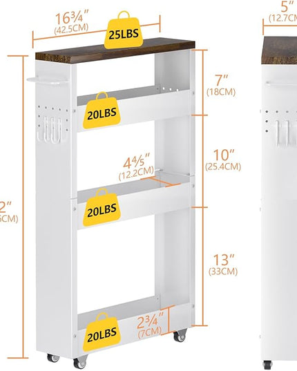 Slim Storage Cart, 4-Tier Kitchen Rolling Cart Narrow Storage Cabinet with Handle & Wood Top, Metal Rolling Shelf Unit for Kitchen Bathroom Laundry Small Places(5 in Width/White & Brown) - LeafyLoom