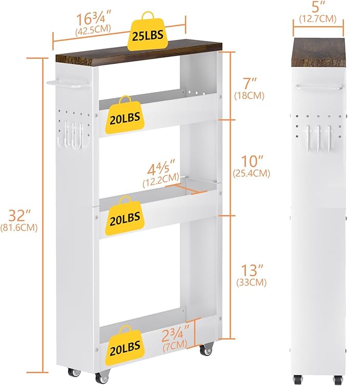 Slim Storage Cart, 4-Tier Kitchen Rolling Cart Narrow Storage Cabinet with Handle & Wood Top, Metal Rolling Shelf Unit for Kitchen Bathroom Laundry Small Places(5 in Width/White & Brown) - LeafyLoom
