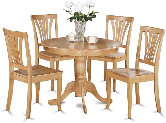 East West Furniture ANAV5-OAK-W 5 Piece Room Set Includes a Round Kitchen Table with Pedestal and 4 Dining Chairs, 36x36 Inch - LeafyLoom