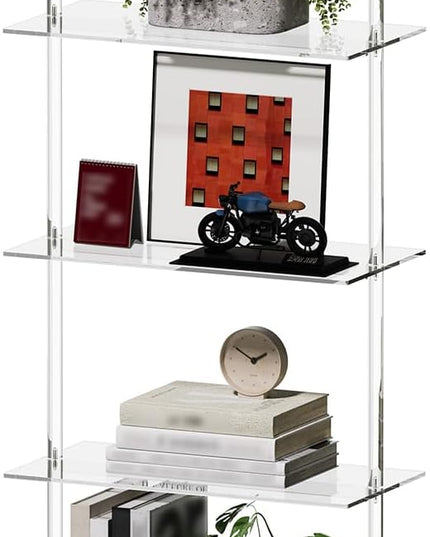 Acrylic Ladder Bookshelf, 5-Tier Clear Wall Mounted Bookshelf with Open Shelves, Multipurpose Bookcase for Living Room, Bathroom, Office, Modern, 11.6" D x 23.4" W x 72.6" H - LeafyLoom