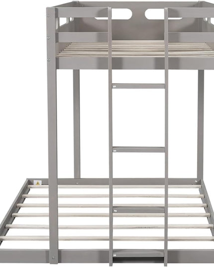 Twin Over Full Bunk Bed with Built-in Ladder, Solid Wood Floor Bedframe with Guardrail, Headboard and Footboard, for Kids Teens Adults, Bedroom/Dorm Bunkbeds, Gray - LeafyLoom