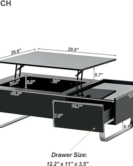 Lift Top Coffee Table, 45 Inch Contemporary Center Table with Drawer and Metal Frame Legs, High-Gloss Surface Coffee Tables for Living Room, Black - LeafyLoom