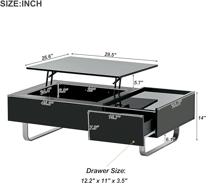 Lift Top Coffee Table, 45 Inch Contemporary Center Table with Drawer and Metal Frame Legs, High-Gloss Surface Coffee Tables for Living Room, Black - LeafyLoom