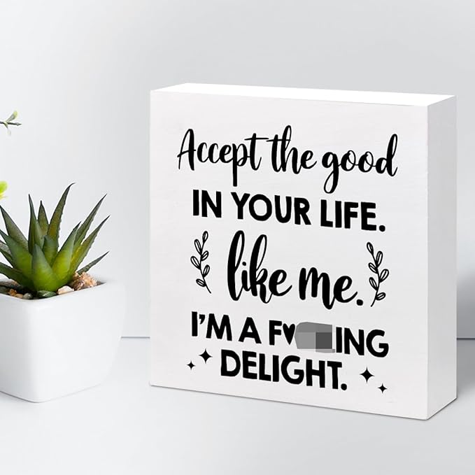 Accept the Good in Your Life Like Me I'm a Delight Wood Box Sign Desk Decor,Funny Positive Quote Wooden Block Plaque Sign for Home Office Shelf Table Decorations - LeafyLoom