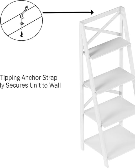 Lavish Home 4-Tier Ladder Bookshelf - Freestanding Shelved Bookcase with X-Back Frame and Leaning Look - Display Shelves for Home or Office (White) - LeafyLoom