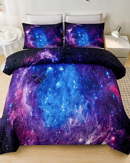 7PCS Purple Comforter Sets Queen,Girls Galaxy Comforter Queen,Girls Bed Sets Queen,Bed in a Bag with Flat Sheet and Fitted Sheet,Pillowcases,Cushions for Girls,Galaxy Bedding Sets - LeafyLoom