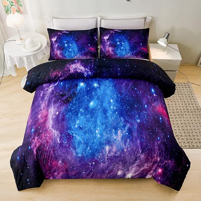 7PCS Purple Comforter Sets Queen,Girls Galaxy Comforter Queen,Girls Bed Sets Queen,Bed in a Bag with Flat Sheet and Fitted Sheet,Pillowcases,Cushions for Girls,Galaxy Bedding Sets - LeafyLoom